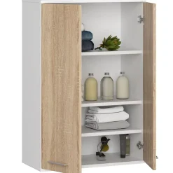 Armoire De Salle De Bains|Akord Furniture Factory Armoire salle de bains suspendue AKORD FIN Blanche 64 cm 2 portes pleine Chêne Sonoma 4 étagères 64x30x94 cm