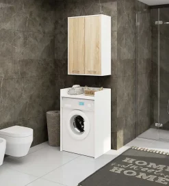 Armoire De Salle De Bains|Akord Furniture Factory Armoire salle de bains suspendue AKORD FIN Blanche 64 cm 2 portes pleine Chêne Sonoma 4 étagères 64x30x94 cm