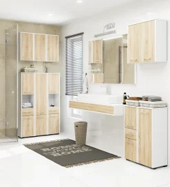 Armoire De Salle De Bains|Akord Furniture Factory Armoire salle de bains suspendue AKORD FIN Blanche 64 cm 2 portes pleine Chêne Sonoma 4 étagères 64x30x94 cm
