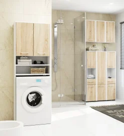 Armoire De Salle De Bains|Akord Furniture Factory Armoire salle de bains suspendue AKORD FIN Blanche 64 cm 2 portes pleine Chêne Sonoma 4 étagères 64x30x94 cm