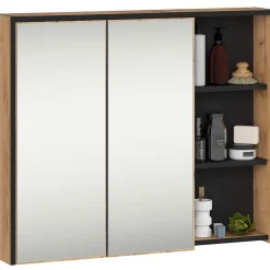 Armoire De Salle De Bains|Akord Furniture Factory Armoire salle de bains VAMI suspendu avec miroir Chêne Craft 90 cm 2 portes façade Noire 6 étagères 90x15x75 cm