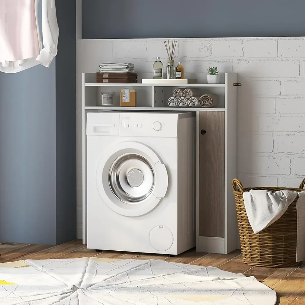 Giantex Armoire WC avec Etagere & 2 Compartiments & Tablettes reglables sur 10 niveaux & Anti-Bascule pour Buanderie Blanc