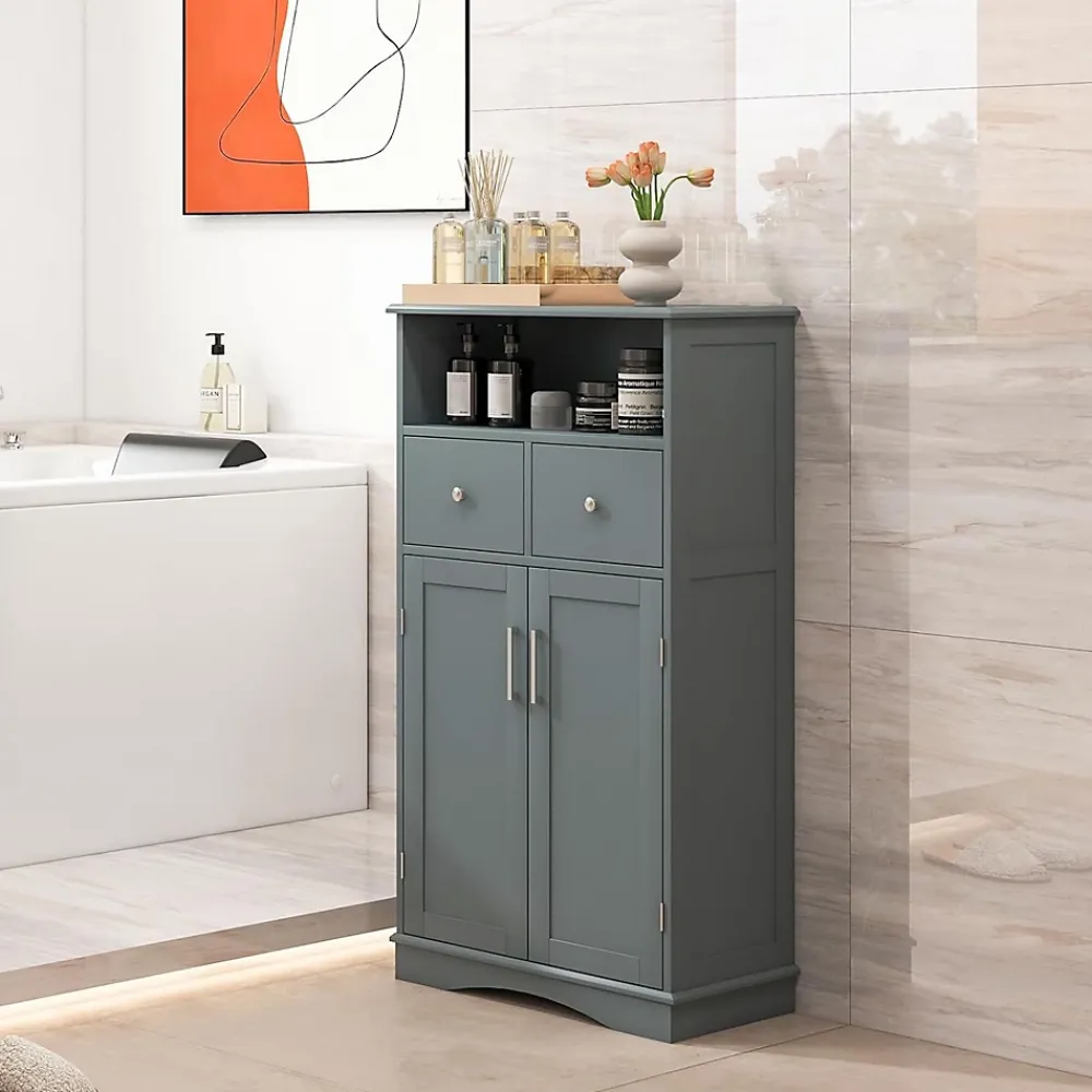 Giantex Armoire WC avec Etagere Reglable Meuble de Rangement pour Salle de Bain avec 2 Tiroirs et 2 Portes 60X30X107CM Gris