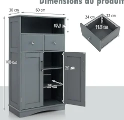 Giantex Armoire WC avec Etagere Reglable Meuble de Rangement pour Salle de Bain avec 2 Tiroirs et 2 Portes 60X30X107CM Gris