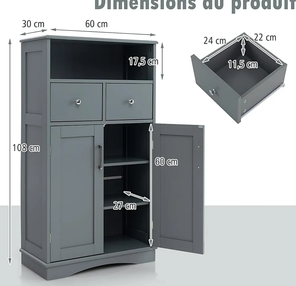 Giantex Armoire WC avec Etagere Reglable Meuble de Rangement pour Salle de Bain avec 2 Tiroirs et 2 Portes 60X30X107CM Gris