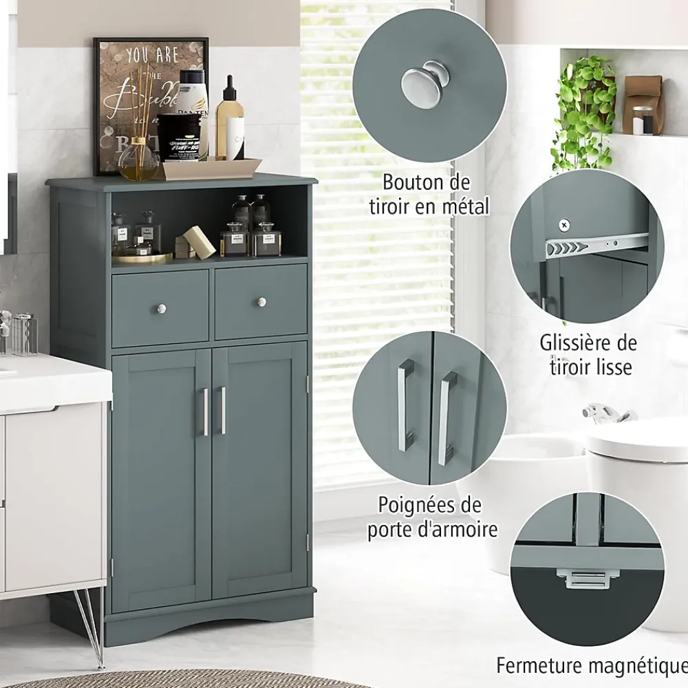 Giantex Armoire WC avec Etagere Reglable Meuble de Rangement pour Salle de Bain avec 2 Tiroirs et 2 Portes 60X30X107CM Gris