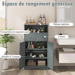 Giantex Armoire WC avec Etagere Reglable Meuble de Rangement pour Salle de Bain avec 2 Tiroirs et 2 Portes 60X30X107CM Gris
