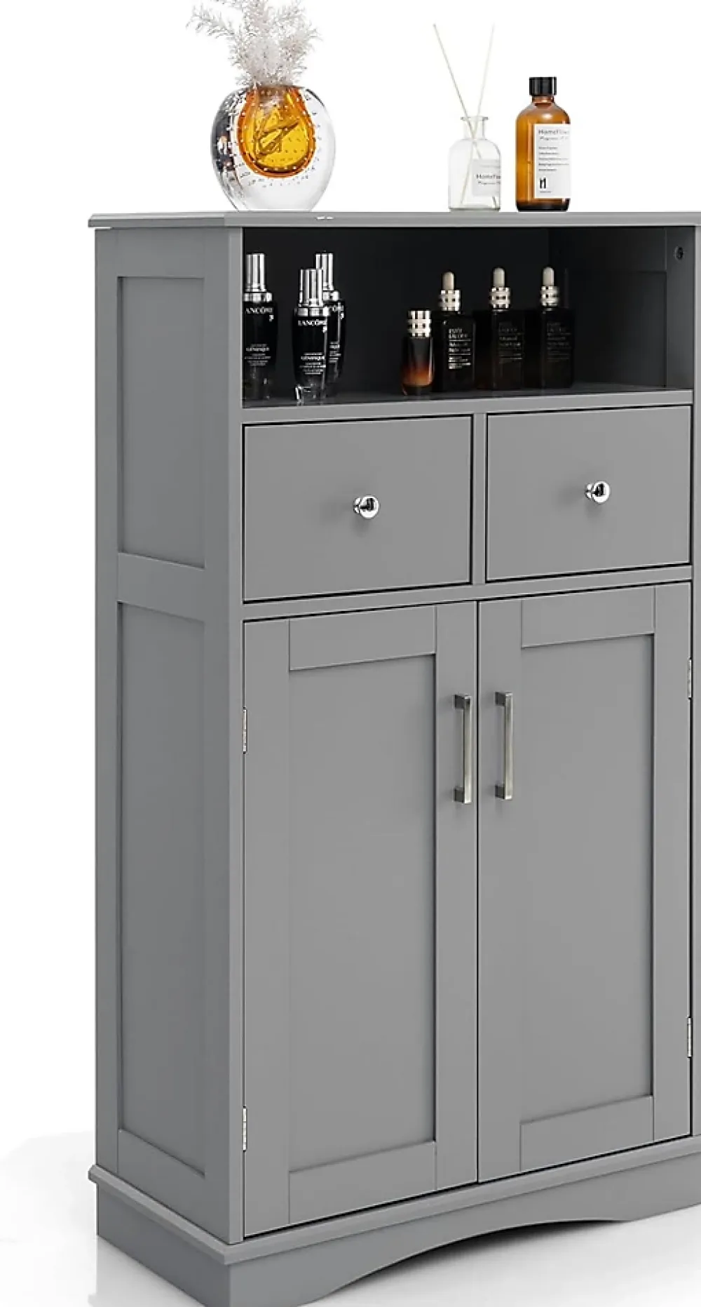 Giantex Armoire WC avec Etagere Reglable Meuble de Rangement pour Salle de Bain avec 2 Tiroirs et 2 Portes 60X30X107CM Gris