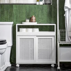 Armoire De Salle De Bains|Sobuy Armoire WC Toilettes Compact Roulante avec 2 Portes Coulissantes, BZR119-W,