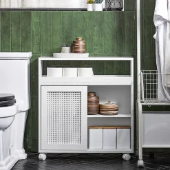 Armoire De Salle De Bains|Sobuy Armoire WC Toilettes Compact Roulante avec 2 Portes Coulissantes, BZR119-W,