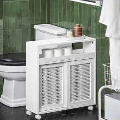 Armoire De Salle De Bains|Sobuy Armoire WC Toilettes Compact Roulante avec 2 Portes Coulissantes, BZR119-W,