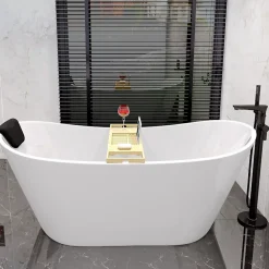 Baignoire Îlot|Badland Baignoire à poser îlot ROSSA 170x80 + tablette de bain en bambou + appuie-tête KODI + Vidage à chromé