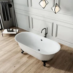 Baignoire Îlot|Rogier & Mothes Baignoire ancienne retro sur pieds SURRY HILLS Blanche 165 cm Pieds de Lion Cuivre rouge vieilli