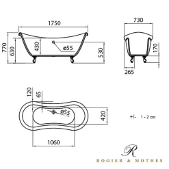 Baignoire Îlot|Rogier & Mothes Baignoire ancienne retro sur pieds DARLINGTON Blanche 175 cm Pieds de Lion Chromes