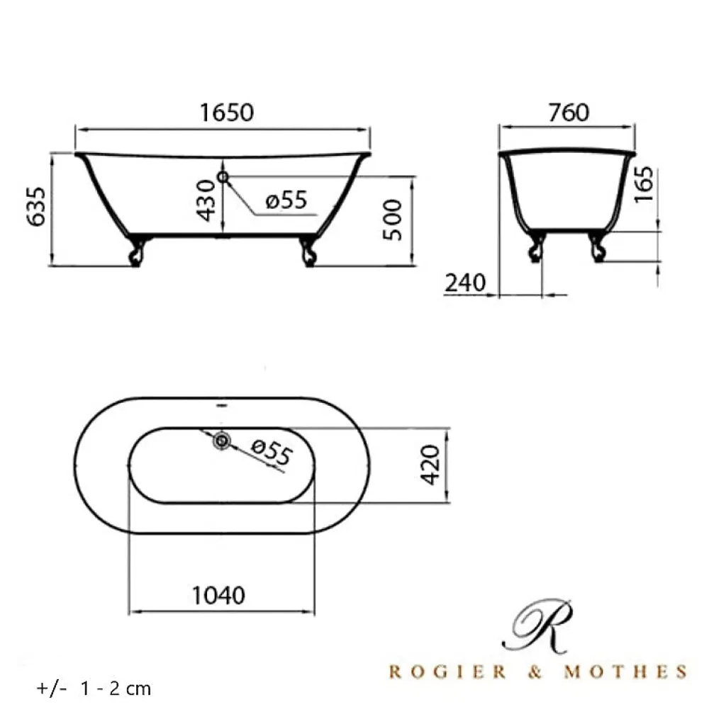 Rogier & Mothes Baignoire ancienne retro sur pieds SURRY HILLS Blanche 165 cm Pieds d'Aigle Cuivre rouge vieilli