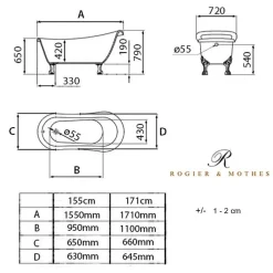 Baignoire Îlot|Rogier & Mothes Baignoire ancienne retro sur pieds RICHMOND Blanche 155 cm Pieds de Lion Blancs