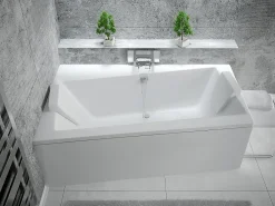 Baignoire Asymétrique|Besco Baignoire asymétrique + tablier blanc + repose tête - INFINITY - 160 x 100 cm - Gauche