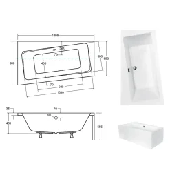 Besco Baignoire asymétrique + tablier blanc + repose tête - INFINITY - 150 x 90 cm - Gauche