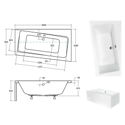 Besco Baignoire asymétrique + tablier blanc + repose tête - INFINITY - 170 x 110 cm - Droite