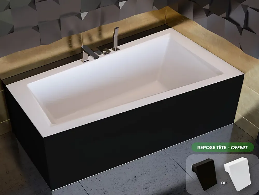 Besco Baignoire asymétrique + tablier noir + repose tête - INTIMA - 160 x 90 cm - Droite