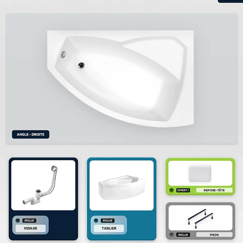 Besco Baignoire asymétrique - 150 x 95 cm - Droite - avec Tablier - Pieds - Repose-tête - Vidage Chrome - RIMA