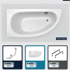Baignoire Asymétrique|Besco Baignoire asymétrique - 150 x 70 cm - Gauche - avec Tablier - Pieds - Poignées - Repose-tête - Vidage Chrome - MILENA PREMIUM