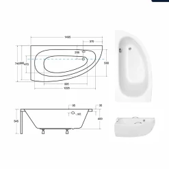 Baignoire Asymétrique|Besco Baignoire asymétrique - 150 x 70 cm - Gauche - avec Tablier - Pieds - Poignées - Repose-tête - Vidage Chrome - MILENA PREMIUM