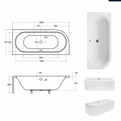 Baignoire Asymétrique|Besco Baignoire asymétrique - 150 x 75 cm - Droite - sans Habillage - avec Pieds - Repose-tête - Vidage Chrome - AVITA