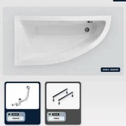 Baignoire Asymétrique|Besco Baignoire asymétrique - 150 x 70 cm - Gauche - sans Habillage - avec Pieds - Vidage Chrome - PRAKTIKA