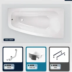 Baignoire Asymétrique|Besco Baignoire asymétrique - 150 x 80 cm - Droite - avec Habillage - Pieds - Vidage Chrome - LUNA