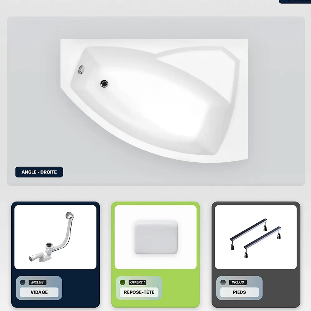 Besco Baignoire asymétrique - 150 x 95 cm - Droite - sans Habillage - avec Pieds - Repose-tête - Vidage Chrome - RIMA