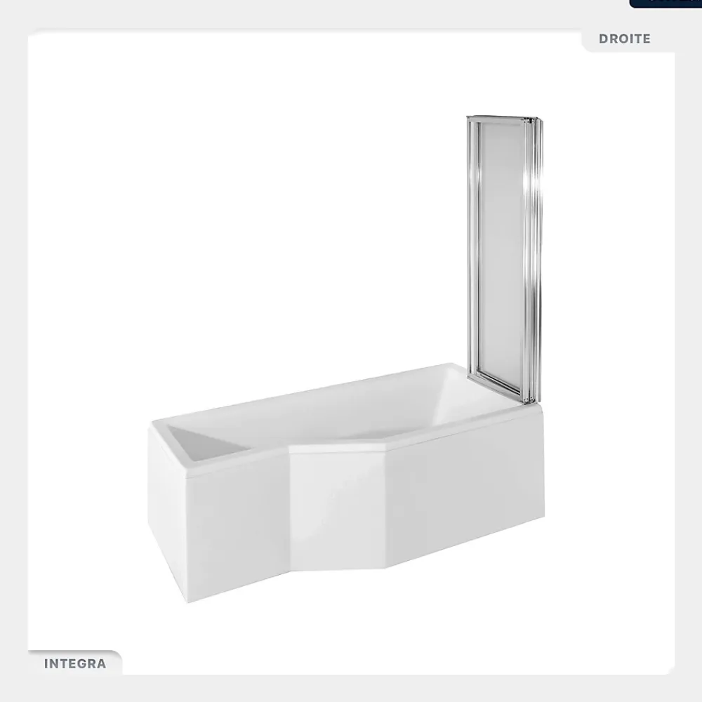 Besco Baignoire asymétrique - 170 x 75 cm - Droite - avec Tablier - Pieds - Pare Baignoire 3 Volets - Vidage Chrome - INTEGRA