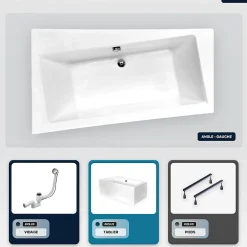 Besco Baignoire asymétrique - 150 x 90 cm - Gauche - avec Tablier Blanc - Pieds - Vidage Chrome - INFINITY