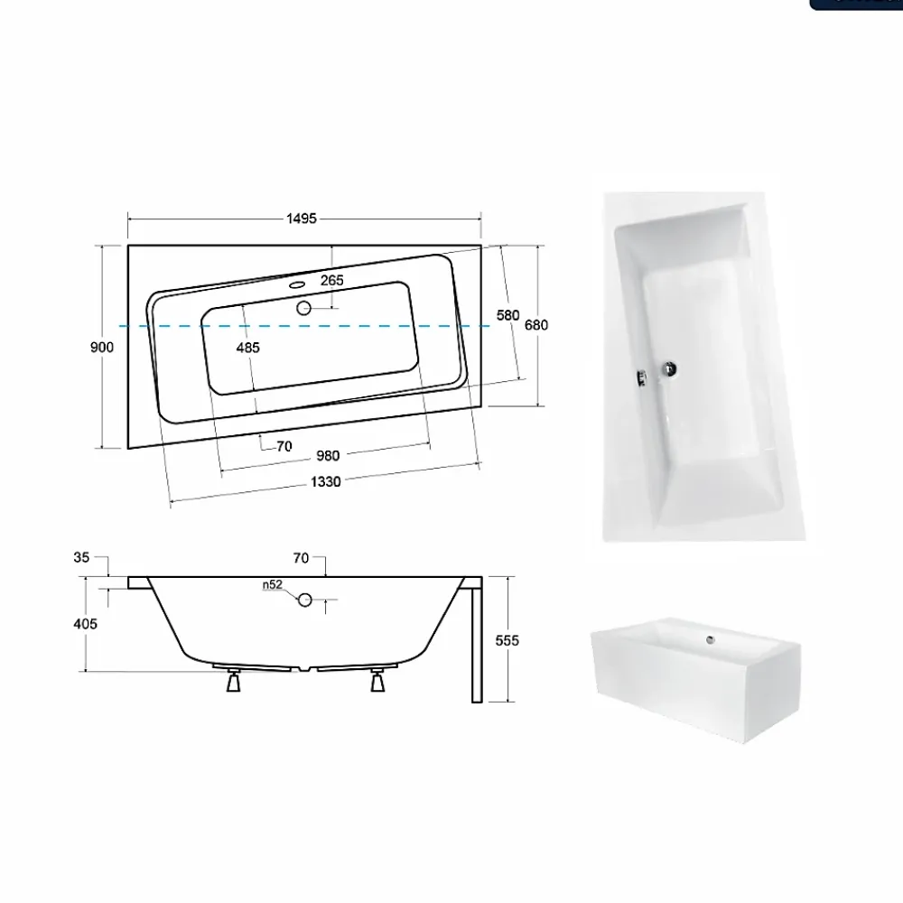 Besco Baignoire asymétrique - 150 x 90 cm - Gauche - avec Tablier Blanc - Pieds - Vidage Chrome - INFINITY
