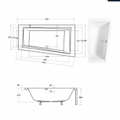 Baignoire Asymétrique|Besco Baignoire asymétrique - 160 x 90 cm - Droite - sans Habillage - avec Pieds - Repose-tête - Vidage Chrome - INTIMA