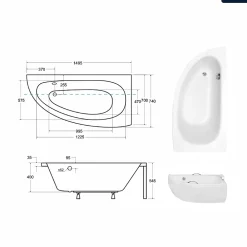 Baignoire Asymétrique|Besco Baignoire asymétrique - 150 x 70 cm - Droite - avec Pieds - Poignées - Repose-tête - Vidage Chrome - MILENA PREMIUM
