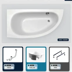 Besco Baignoire asymétrique - 150 x 70 cm - Gauche - avec Habillage - Pieds - Vidage Chrome - MILENA