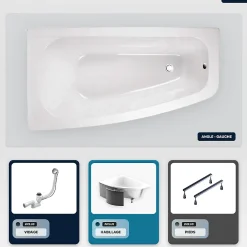 Baignoire Asymétrique|Besco Baignoire asymétrique - 150 x 80 cm - Gauche - avec Habillage - Pieds - Vidage Chrome - LUNA