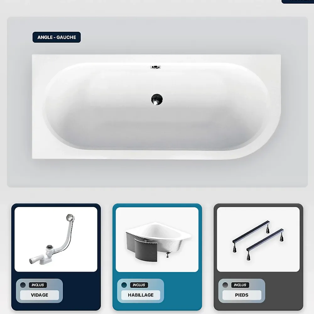 Besco Baignoire asymétrique - 160 x 75 cm - Gauche - avec Habillage - Pieds - Vidage Chrome - AVITA SLIM