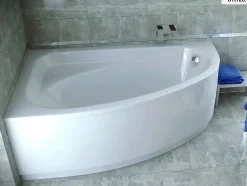 Baignoire Asymétrique|Besco Baignoire asymétrique - 140 x 80 cm - Gauche - avec Tablier Blanc - Pieds - Vidage Chrome - CORNEA