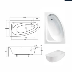 Baignoire Asymétrique|Besco Baignoire asymétrique - 140 x 80 cm - Gauche - avec Tablier Blanc - Pieds - Vidage Chrome - CORNEA