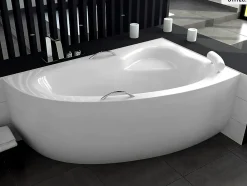 Baignoire Asymétrique|Besco Baignoire asymétrique - 150 x 100 cm - Droite - avec Tablier - Pieds - Vidage Chrome - NATALIA