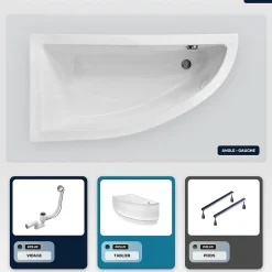 Besco Baignoire asymétrique - 150 x 70 cm - Gauche - avec Tablier - Pieds - Vidage Chrome - PRAKTIKA