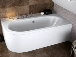 Baignoire Asymétrique|Besco Baignoire asymétrique - 150 x 75 cm - Droite - sans Habillage - avec Pieds - Repose-tête - Étagère bambou - Vidage Chrome - AVITA