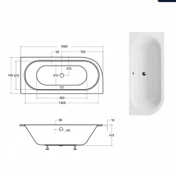 Baignoire Asymétrique|Besco Baignoire asymétrique - 150 x 75 cm - Droite - sans Habillage - avec Pieds - Vidage Chrome - AVITA SLIM