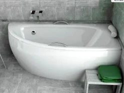 Besco Baignoire asymétrique - 150 x 70 cm - Droite - avec Habillage - Pieds - Poignées - Repose-tête - Vidage Chrome - MILENA PREMIUM
