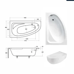 Baignoire Asymétrique|Besco Baignoire asymétrique - 150 x 100 cm - Gauche - avec Tablier Blanc - Pieds - Vidage Chrome - CORNEA