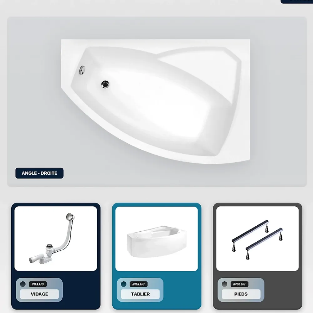 Besco Baignoire asymétrique - 150 x 95 cm - Droite - avec Tablier - Pieds - Vidage Chrome - RIMA