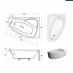 Besco Baignoire asymétrique - 150 x 95 cm - Droite - avec Tablier - Pieds - Vidage Chrome - RIMA