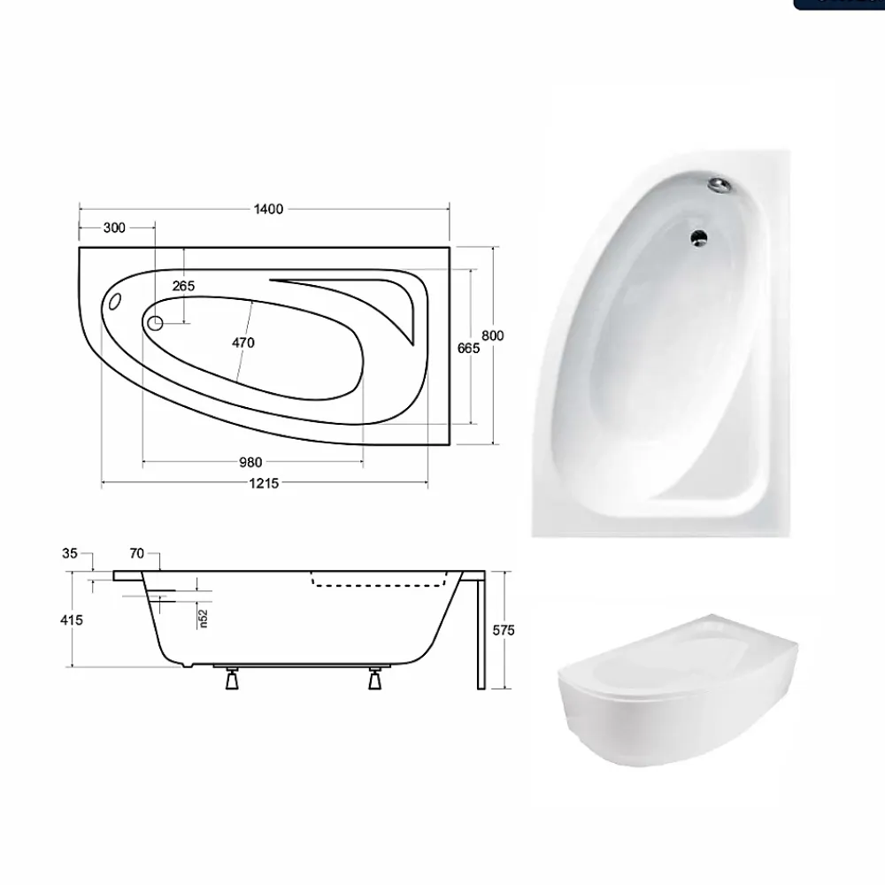Besco Baignoire asymétrique - 140 x 80 cm - Droite - sans Habillage - avec Pieds - Vidage Chrome - CORNEA